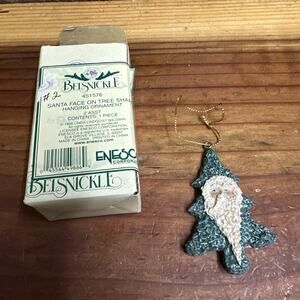 Vintage Enesco Belsnickle Santa Face On Tree Shape Hanging Ornament In Box
